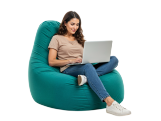 Young woman comfortably sitting on a large teal beanbag chair using a laptop isolated on transparent background