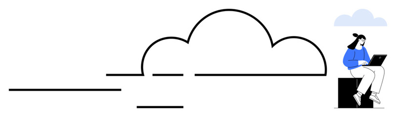 Minimalist scene with a person on a laptop near a cloud, symbolizing cloud computing, remote work, and data storage. Ideal for technology, productivity, communication, innovation, digital workspace