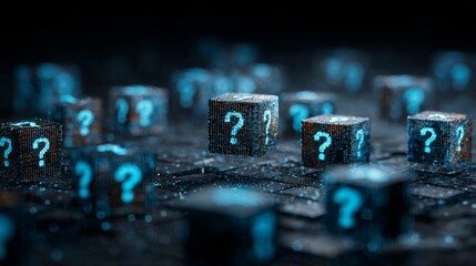 Blocks with questions connected in a network. Lots of unknown facts. Curiosity, exploration. Questions and problem solving. Technologies, extraction of knowledge and hidden information.