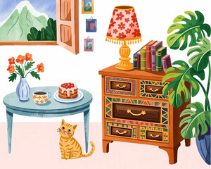 Cozy Colorful Interior with Cat, Books, Coffee