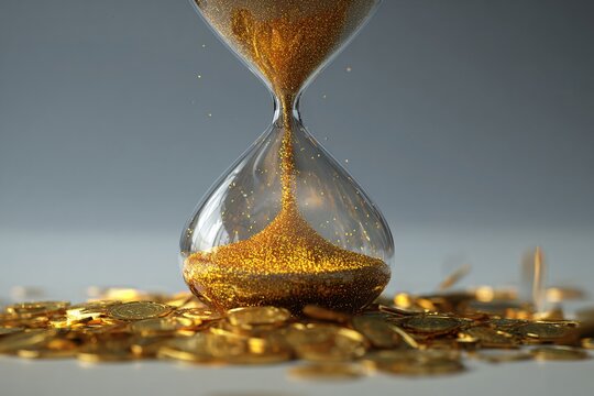 Hourglass with golden sand and coins symbolizes time is money concept.