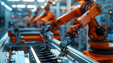 Naklejka premium Assembly line with robotic arms, precise manufacturing, cinematic detail.