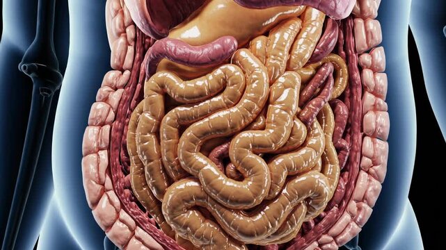 Scientific and medical illustration depicting the human abdomen with digestive system organs, including the small and large intestines, stomach, liver, pancreas, gallbladder, and spleen