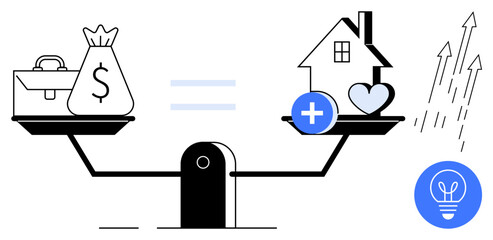 Scales balancing money, briefcase, and house with heart and plus sign, symbolizing financial decisions, investment, equity, growth, and progress. Ideal for finance budgeting real estate and simple