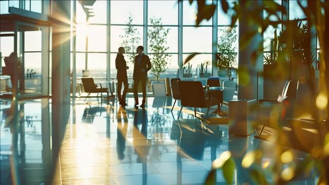 Sunlit modern office building interior. Sun shining through windows highlighting the room's design and furniture.