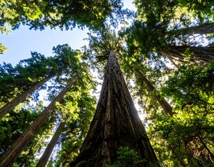Redwood forest canopy. Sunlight streams through