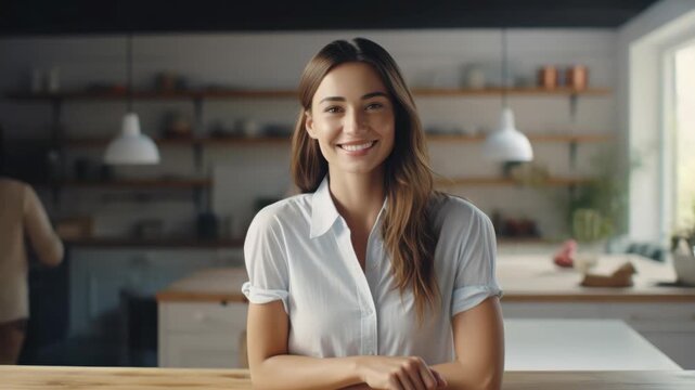 Chef standing behind counter with smile, kitchen background, bright lighting