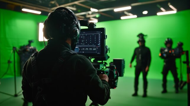 Filming motion capture action studio environment digital media production green screen setup creative perspective virtual reality development