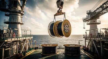 Offshore platform crane lifting armored umbilical cable spools for subsea field tieback connection operations.