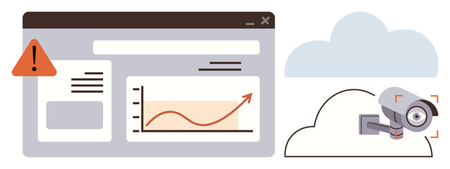Warning alert on dashboard alongside analytics graph, cloud, and camera suggests security surveillance themes. Ideal for data protection, cybersecurity, monitoring, cloud technology, analytics, IT