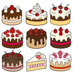 Variety of Decadent Dessert Cakes with Cream and Fruit Decorations, Sweet Treats