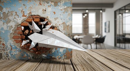 Paper airplane flies through brick wall in modern interior concept
