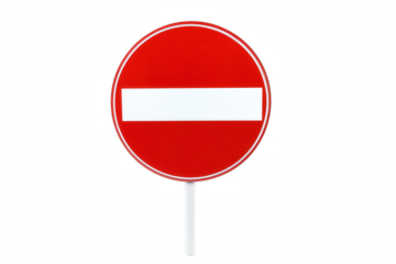 Red no entry traffic sign on white pole with transparent background