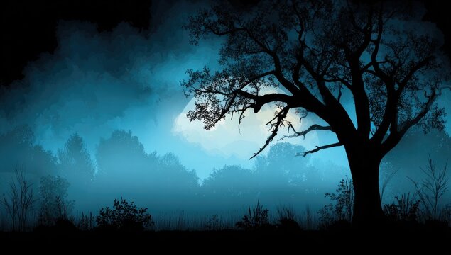 Silhouetted trees at night under a full moon. Misty forest scene - Powered by Adobe