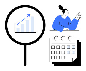 Magnifying glass highlighting bar graph with upward arrow, calendar for scheduling, and thoughtful person pointing. Ideal for analytics, strategy, growth, planning, time management, productivity