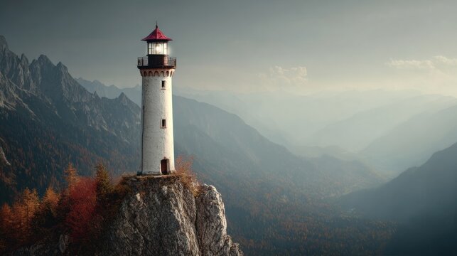 Majestic Lighthouse Standing Alone on Rocky Cliff in Mountain Landscape During Overcast Day - Powered by Adobe