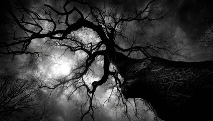 Dark, gnarled tree branches against a stormy sky