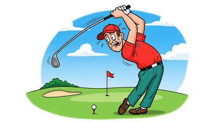 Cartoon golfer in mid-swing, exaggerated expression of effort, on a golf course.