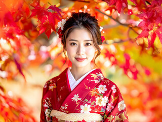 着物の若い女性と紅葉　生成AI 