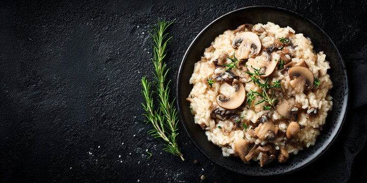 Risotto al Funghi or mushroom risotto in dish on dark background