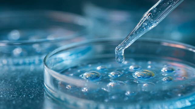Close-up blue science experiment background,Close up view macro shot of gel with different sized bubbles comes out from lab dropper into petri dish on blue background