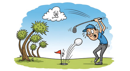 A cartoon golfer watches in horror as his ball bounces out of the hole on a very windy day.