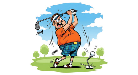 A cartoon golfer, with a comical expression of surprise and exertion, swings his club with great force, missing the golf ball which is still on the tee.