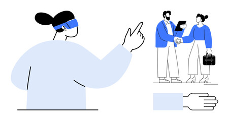 Woman exploring virtual technology, two professionals shaking hands, and an open hand gesture. Ideal for business communication, teamwork, innovation, VR, collaboration, and futuristic concepts