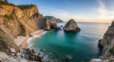 Fototapeta premium Scenic coastline with cliffs beach and turquoise water seascape