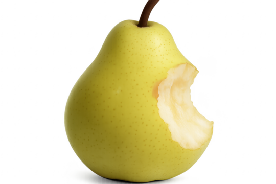 Ripe yellow pear with missing bite on transparent background