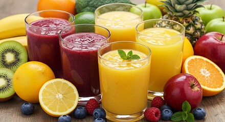 Fototapeta premium Colorful Fruit Smoothies with Fresh Produce on Wooden Surface