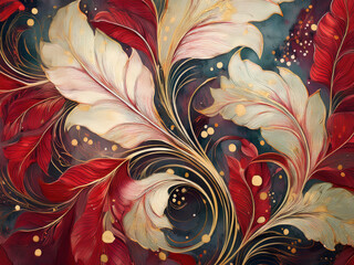 Patterned textured wallpaper with red and beige leaves and golden dots