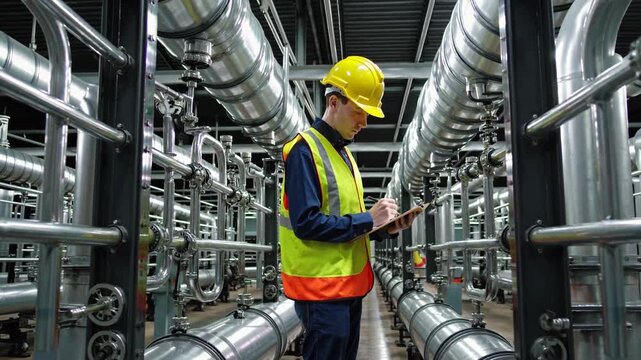Engineer conducts inspection and documentation in industrial piping system within a facility