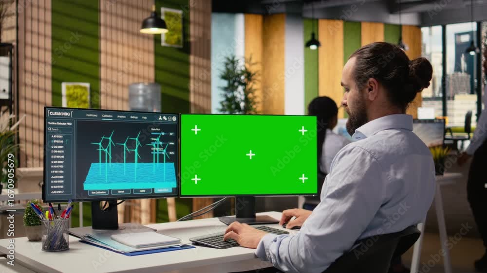 Poster engineer using software on green screen mockup pc used for planning wind farm layouts. rd department
