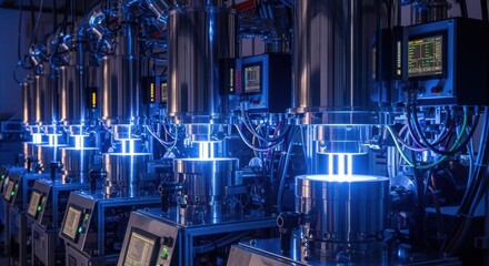 Dynamic light reflections on metallic surfaces of deepultraviolet laser crystal growth furnaces operating simultaneously in an advanced facility.