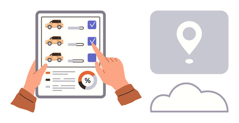 Hands using tablet to select cars from checklist, location pin and cloud symbol. Ideal for fleet management, car rental, logistics, inventory, decision-making, GPS technology, simple flat metaphor