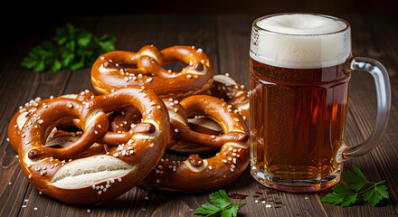 Traditional Oktoberfest Beer Mug and Salted Pretzels on a Rustic Wooden Table