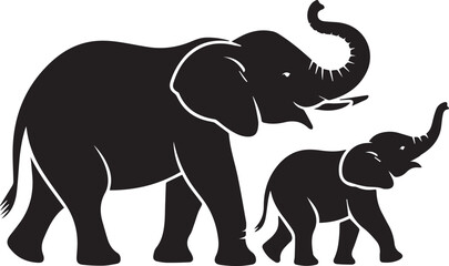 vector silhouette of adult elephant and baby elephant walking side by side with raised trunks for wildlife nature design