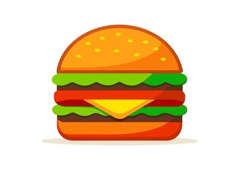 Colorful Cartoon Hamburger Illustration with Lettuce Tomato Cheese and Buns on a White Background