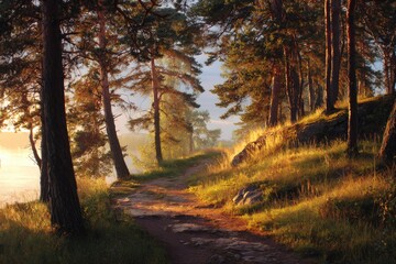 Naklejka premium Sunrise path through pine forest overlooking misty lake