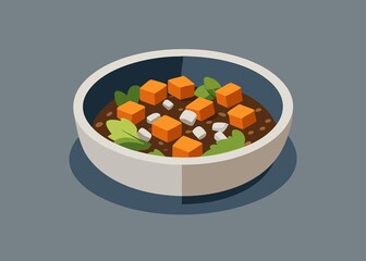 Isometric Illustration of a Bowl of Japanese Curry with Tofu and Rice