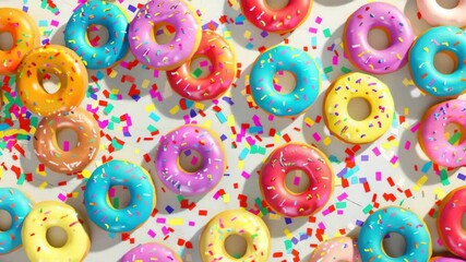 Close-up of a variety of doughnuts with different colors and toppings, suggesting a festive or celebratory occasion.