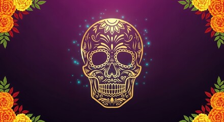 Ornate golden skull illustration with marigold flowers and sparkling effects against a dark purple backdrop.