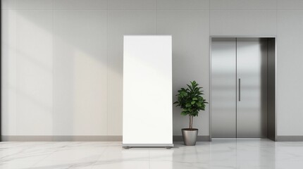 White poster with copyspace near elevator in sunny hall of modern trade center with city view from huge window. 3D rendering, mockup