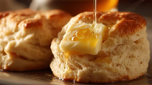 Flaky biscuits topped with melting butter and honey drizzle, showcasing a delightful breakfast scene with rich textures and warm colors