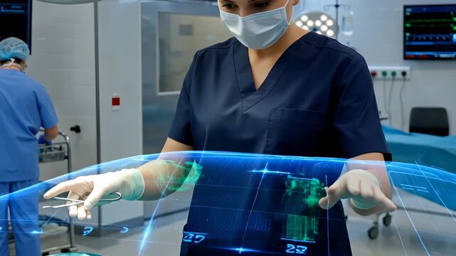 Female Surgeon Using Advanced AR Technology in Operating Room