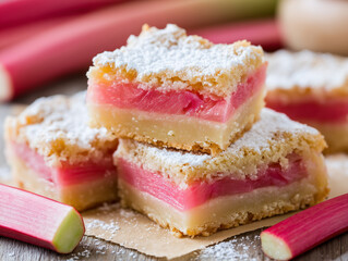 Delicious homemade rhubarb pie bars sprinkled with icing sugar