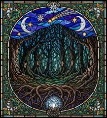 Dark enchanted forest scene with twisted trees under mystical starry night sky featuring moon phases within ornate Celtic border frame artwork design