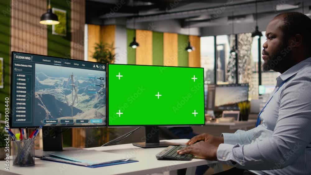 Poster technician working on futuristic wind turbine concept on isolated screen pc designed for clean energ