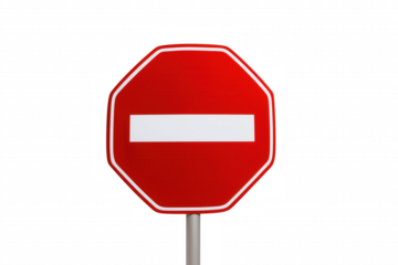 Classic red octagonal stop sign with white border and horizontal bar on transparent background